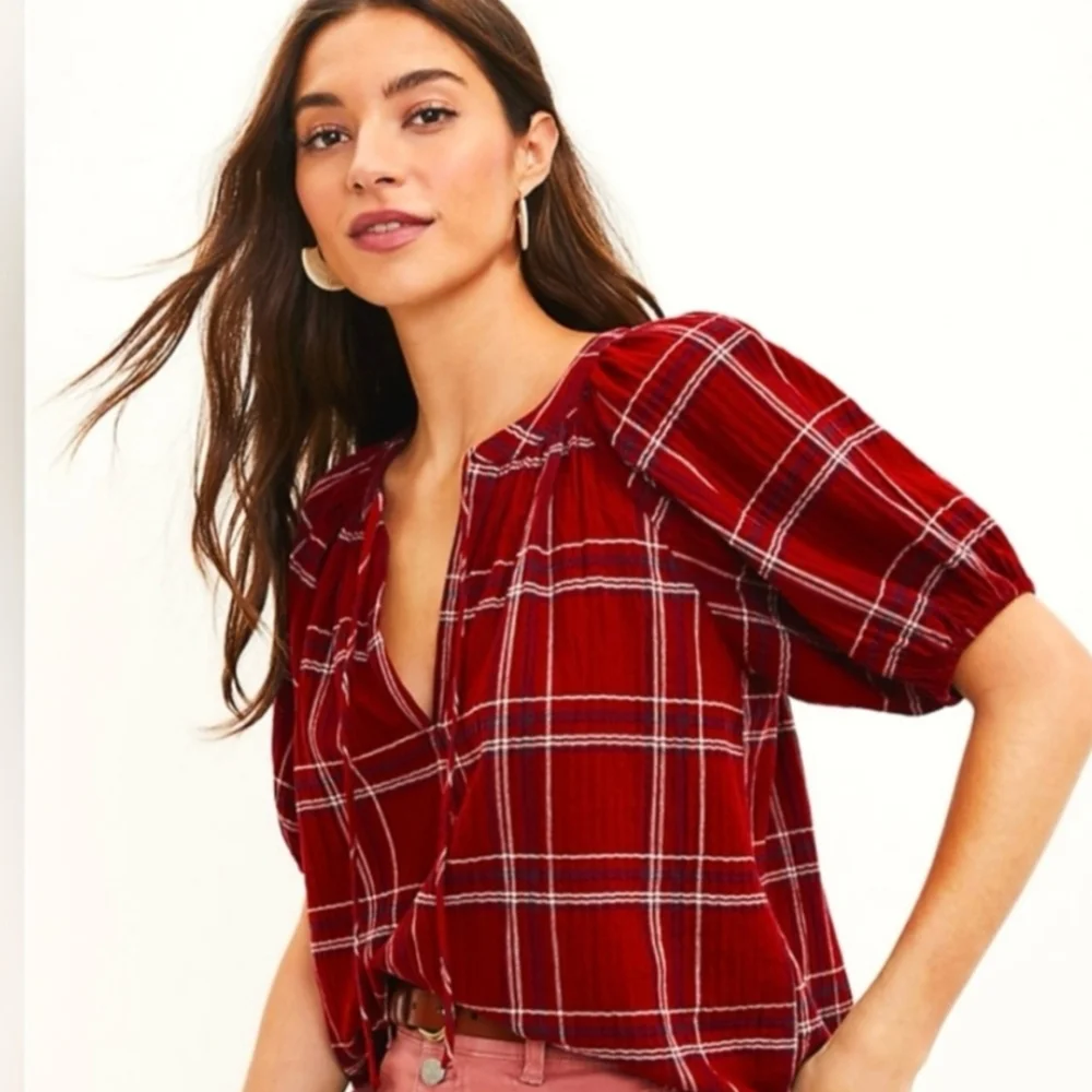 Loft Blouse Red Blue White Plaid Tie-Neck Puff Sleeve Top Size L Petite *NWT
